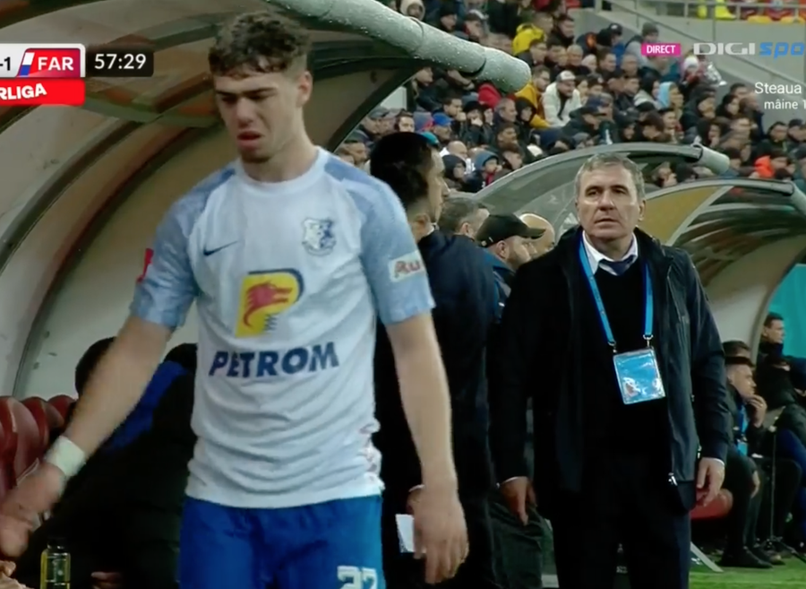 Borza plânge în drum spre bancă, urmărit de privirea tăioasă a antrenorului său Hagi a lămurit momentul în care a țipat la Borza, în timpul meciului cu FCSB: „Am reacţionat cu o voce mai grea şi am pus o întrebare. Nici nu l-am certat”