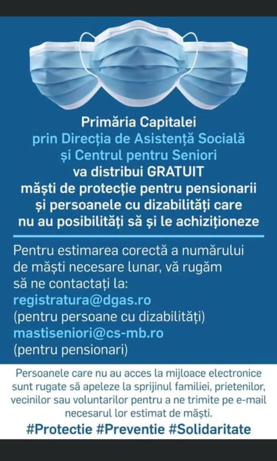 Anunțul de pe pagina facebook.com/PMBucuresti Măști gratuite pentru pensionarii și persoanele cu dizabilități din București » Cum se pot obține acestea