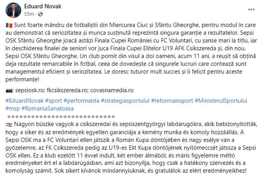 Ministrul Sportului a felicitat echipele din Miercurea Ciuc și Sfântu Gheorghe pentru calificarea în finalele de Cupă. Nu și pe Voluntari!