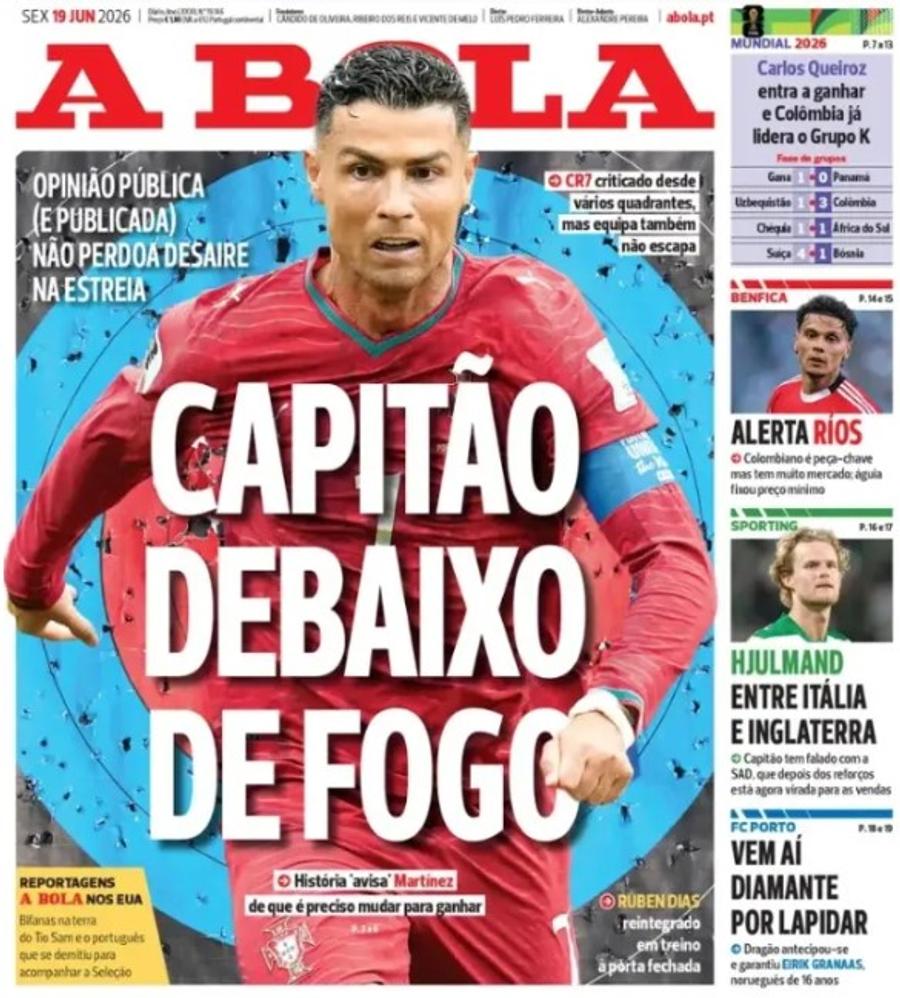 Coperta cotidianului portughez A Bola Portughezii au ajuns în pragul unui „război civil”! » Cristiano Ronaldo ar fi „boicotat” de colegi la Mondial