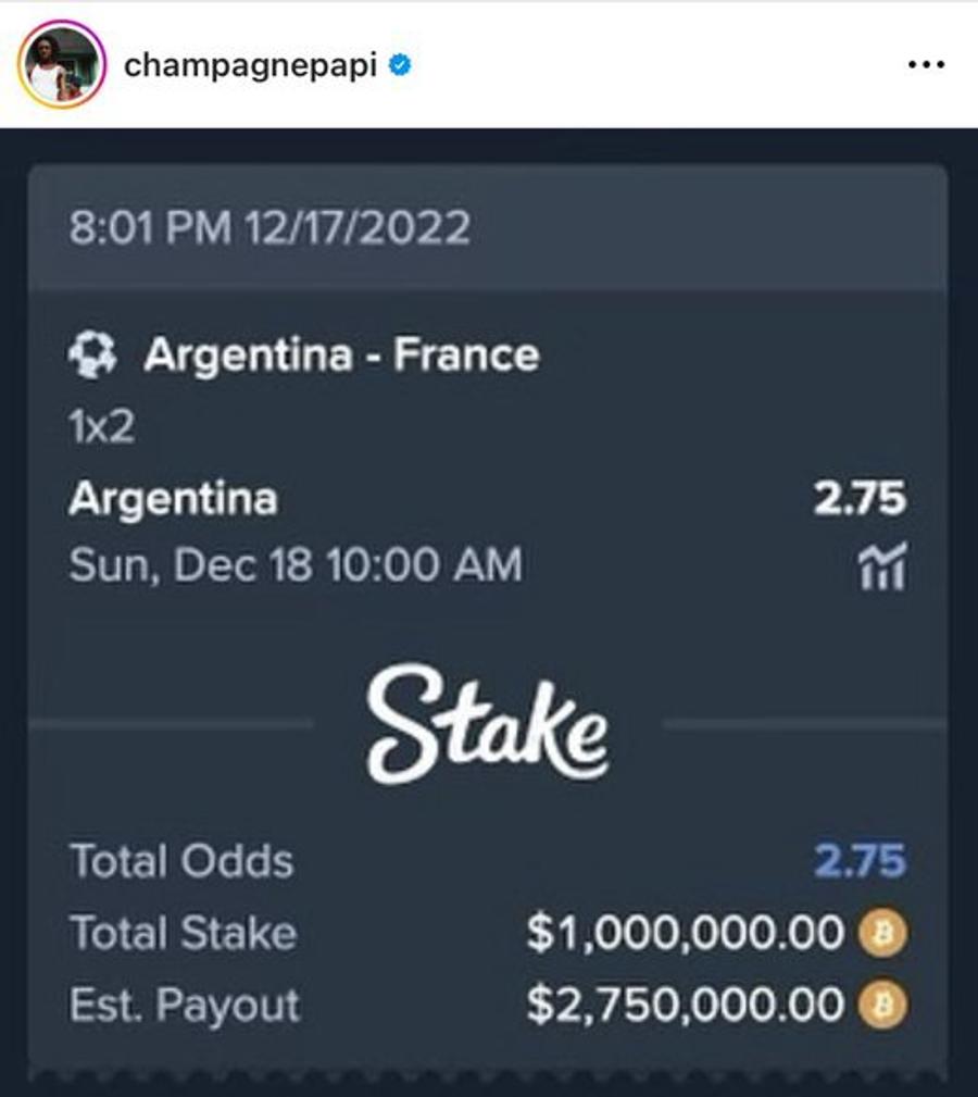Pariul plasat de Drake // foto: instagram @champagnepapi „Blestemul lui Drake” amenință Argentina » 1.5 milioane de dolari pariați pe victoria în finală