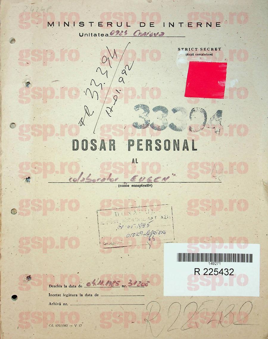 Coperta dosarului de colaborator al lui Emil Săndoi, agentul „Eugen” din rețeaua Securității. Foto: arhiva CNSAS Emil Săndoi, „Eugen” de la Securitate: „Știe ce are de făcut la lot” + Ce a scris despre Gică Popescu „Petrescu” și conexiunile incredibile cu dosarul de agent al „Baciului”