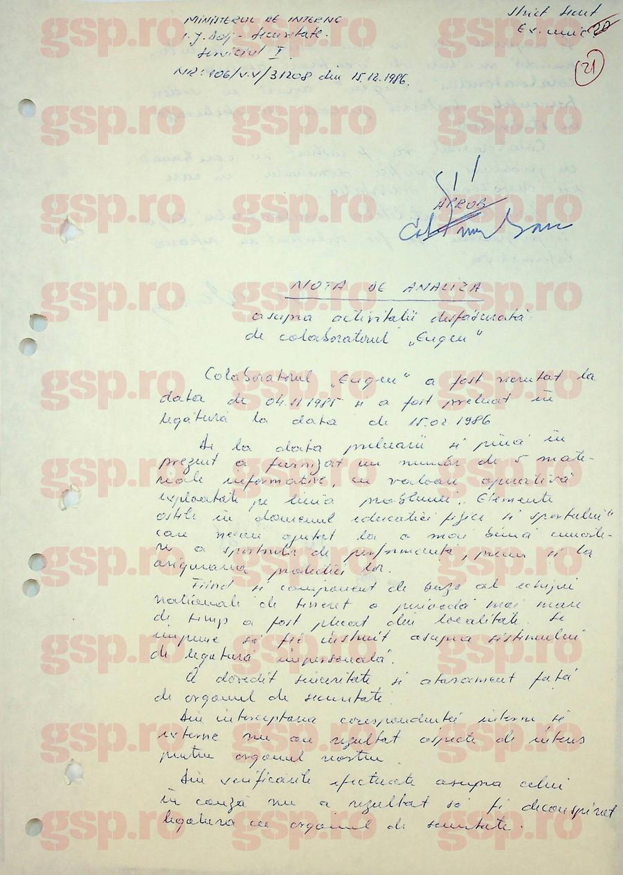 Prima pagină din nota de analiză asupra activității agentului ”Eugen” (Emil Săndoi), decembrie 1986: Securitatea era mulțumită de valoarea operativă a informațiilor oferite de colaborator. Foto: arhiva CNSAS Emil Săndoi, „Eugen” de la Securitate: „Știe ce are de făcut la lot” + Ce a scris despre Gică Popescu „Petrescu” și conexiunile incredibile cu dosarul de agent al „Baciului”