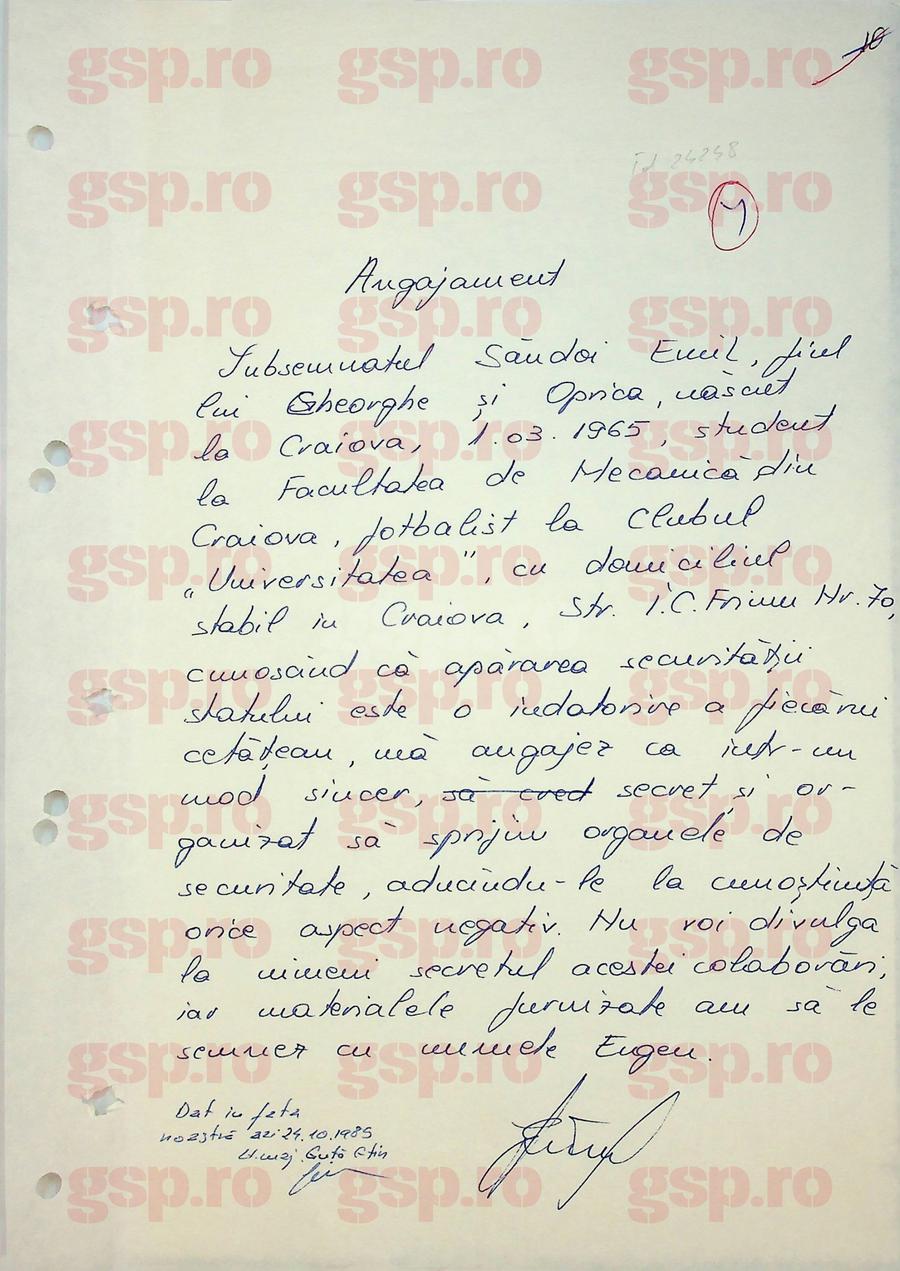 Acesta este Angajamentul semnat de Emil Săndoi cu Securitatea comunistă. Foto: arhiva CNSAS Emil Săndoi, „Eugen” de la Securitate: „Știe ce are de făcut la lot” + Ce a scris despre Gică Popescu „Petrescu” și conexiunile incredibile cu dosarul de agent al „Baciului”
