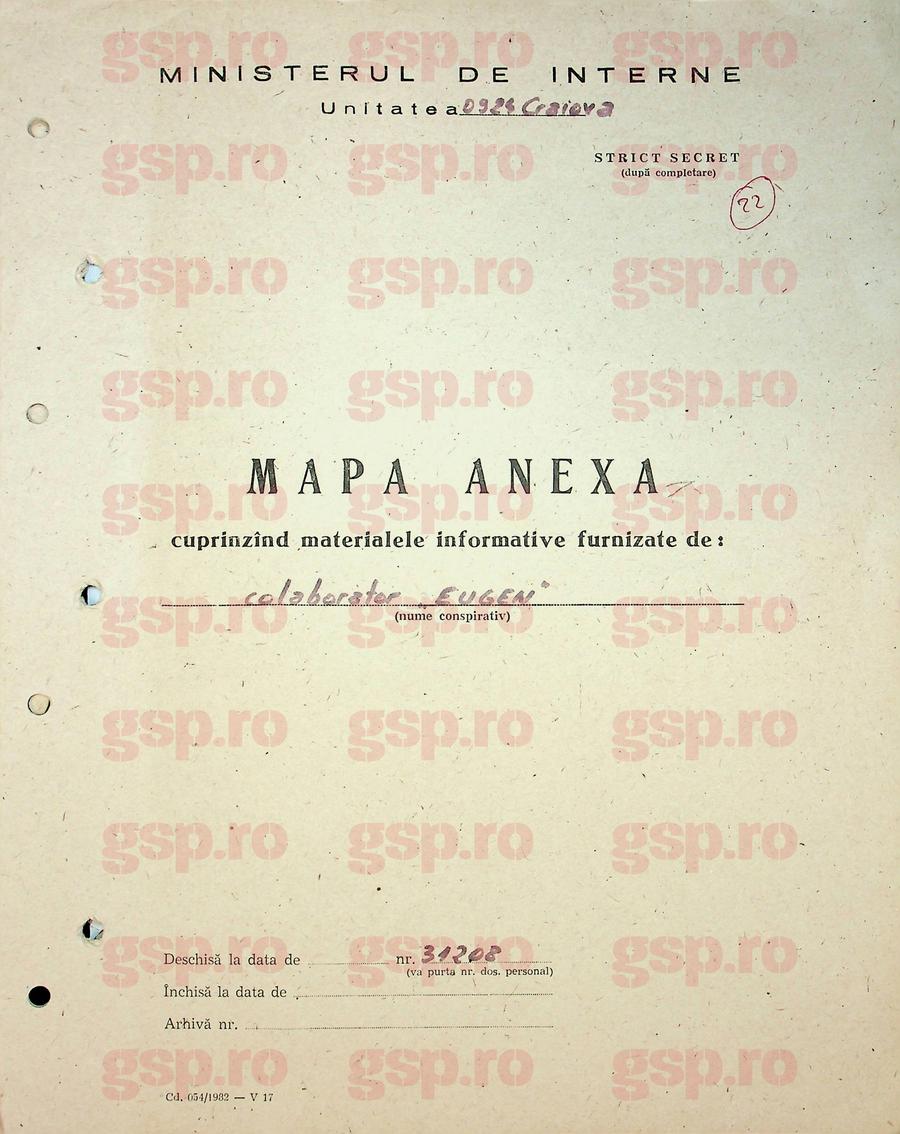 Coperta mapei anexe care conține notele informative livrate Securității de colaboratorul „Eugen” (Emil Săndoi). Foto: arhiva CNSAS Emil Săndoi, „Eugen” de la Securitate: „Știe ce are de făcut la lot” + Ce a scris despre Gică Popescu „Petrescu” și conexiunile incredibile cu dosarul de agent al „Baciului”