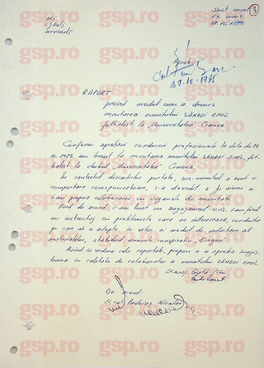Raportul din 28 octombrie 1985 despre cum a decurs recrutarea lui Emil Săndoi, cu patru zile înainte. Foto: arhiva CNSAS Emil Săndoi, „Eugen” de la Securitate: „Știe ce are de făcut la lot” + Ce a scris despre Gică Popescu „Petrescu” și conexiunile incredibile cu dosarul de agent al „Baciului”