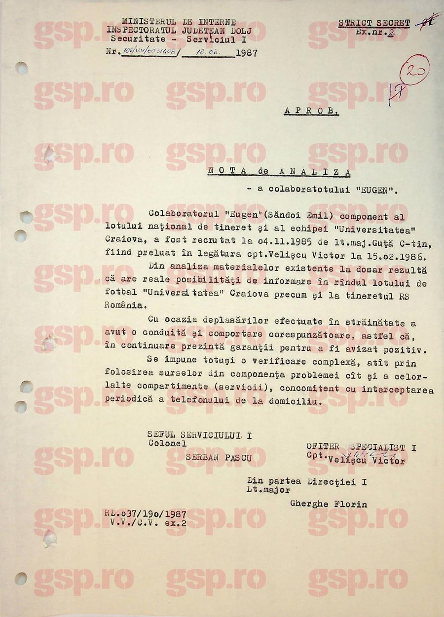 Într-o notă de analiză din februarie 1987, ofițerii de la Securitatea Dolj remarcau că „Eugen” (Emil Săndoi) are „reale posibilități de informare” la U Craiova și la lotul național de tineret. Foto: arhiva CNSAS Emil Săndoi, „Eugen” de la Securitate: „Știe ce are de făcut la lot” + Ce a scris despre Gică Popescu „Petrescu” și conexiunile incredibile cu dosarul de agent al „Baciului”