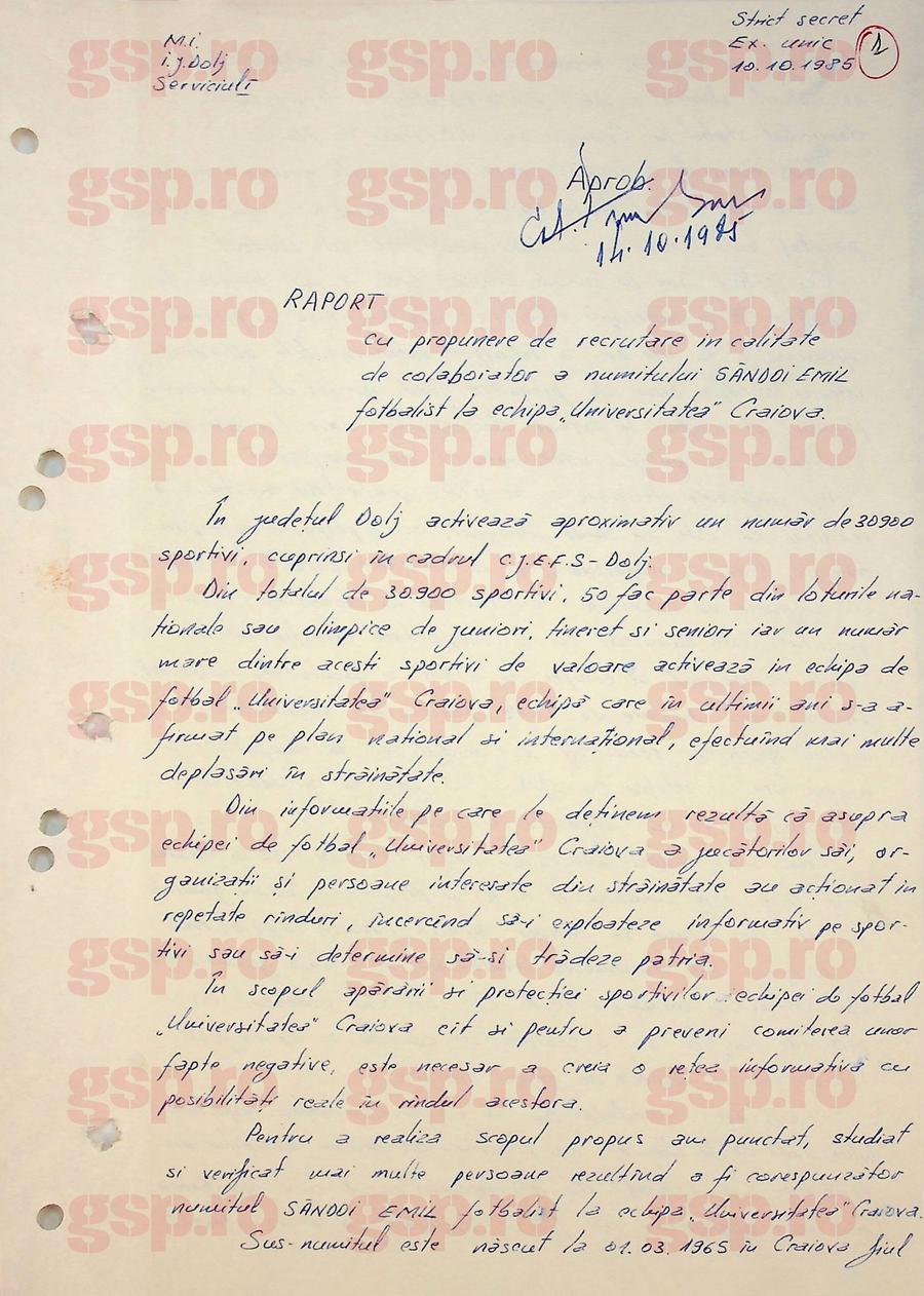 Prima pagină din raportul cu propunerea de recrutare a lui Emil Săndoi în calitate de colaborator al Securității. Foto: arhiva CNSAS Emil Săndoi, „Eugen” de la Securitate: „Știe ce are de făcut la lot” + Ce a scris despre Gică Popescu „Petrescu” și conexiunile incredibile cu dosarul de agent al „Baciului”