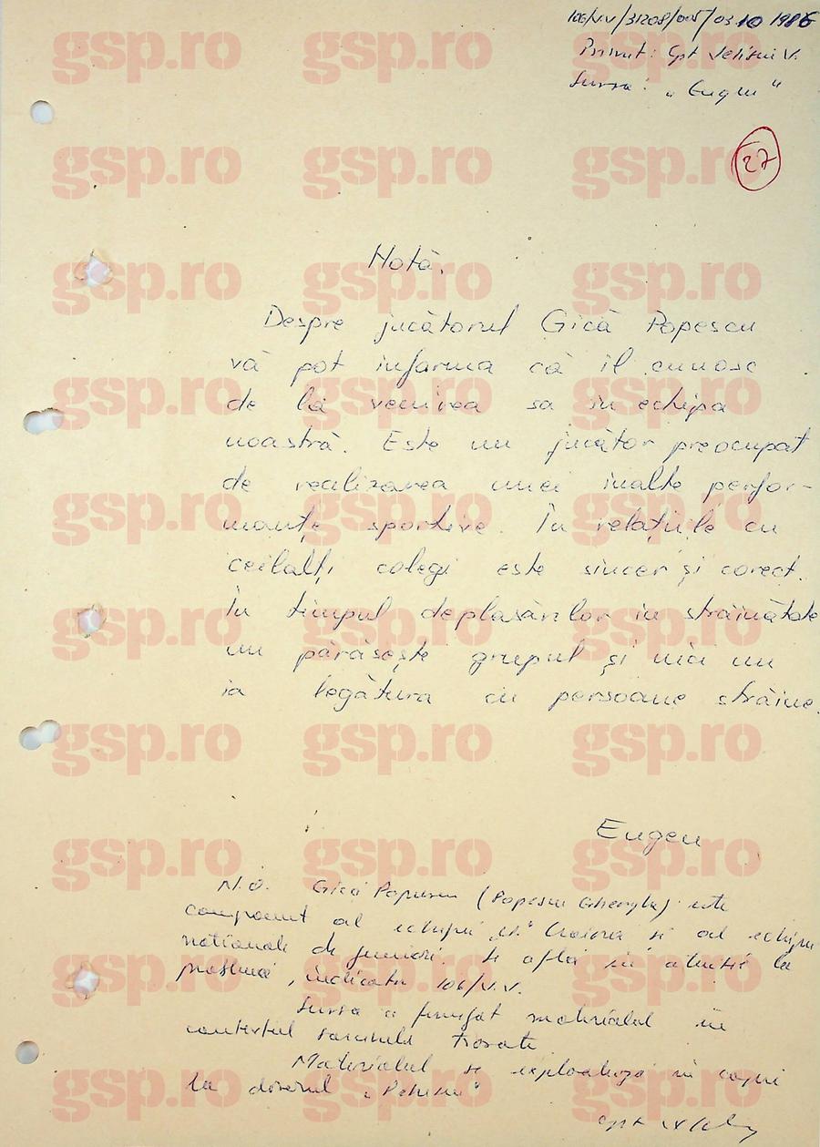 Nota lui „Eugen” (Emil Săndoi) despre Gică Popescu, aflat deja în evidența Securității sub numele conspirativ „Petrescu”. Foto: arhiva CNSAS Emil Săndoi, „Eugen” de la Securitate: „Știe ce are de făcut la lot” + Ce a scris despre Gică Popescu „Petrescu” și conexiunile incredibile cu dosarul de agent al „Baciului”