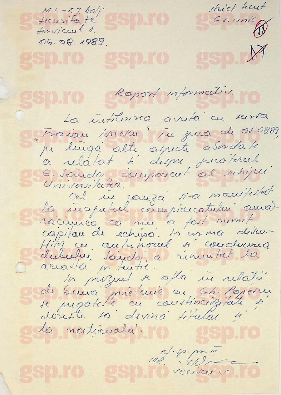 Raportul informativ întocmit în august 1989 de maiorul Victor Velișcu face referire la tensiunile din vestiarul Craiovei în jurul banderolei de căpitan pe axa Gică Popescu „Petrescu” - Emil Săndoi „Eugen”. Foto: arhiva CNSAS Emil Săndoi, „Eugen” de la Securitate: „Știe ce are de făcut la lot” + Ce a scris despre Gică Popescu „Petrescu” și conexiunile incredibile cu dosarul de agent al „Baciului”
