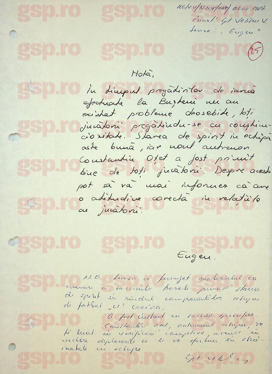 Nota în ton inofensiv oferită de „Eugen” (Emil Săndoi) Securității după cantonamentul cu U Craiova la Bușteni, în februarie 1987: Securitatea puncta în observații demararea unor măsuri complexe asupra antrenorului Constantin Oțet. Foto: arhiva CNSAS Emil Săndoi, „Eugen” de la Securitate: „Știe ce are de făcut la lot” + Ce a scris despre Gică Popescu „Petrescu” și conexiunile incredibile cu dosarul de agent al „Baciului”
