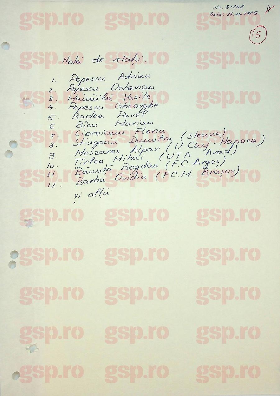Nota de Relații livrată de Săndoi Securității chiar în ziua în care a semnat Angajamentul de colaborare: pe listă - nume importante din fotbalul românesc. Foto: arhiva CNSAS Emil Săndoi, „Eugen” de la Securitate: „Știe ce are de făcut la lot” + Ce a scris despre Gică Popescu „Petrescu” și conexiunile incredibile cu dosarul de agent al „Baciului”