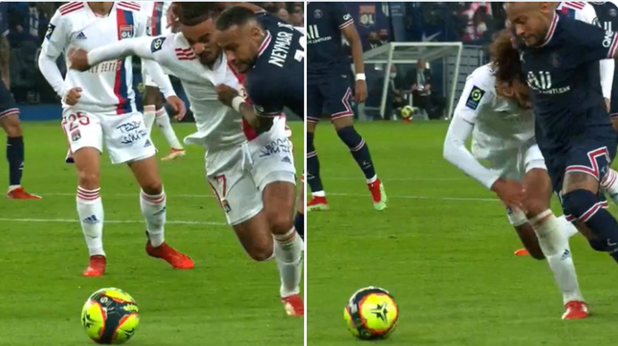 Momentul în care Neymar îl faultează pe Malo Gusto. În continuarea fazei, fundașul lui Lyon îl va faulta pe brazilian PSG câștigă, dar la Paris nu e liniște! Al 3-lea meci fără gol pentru Messi + primele tensiuni: Leo, schimbat, a refuzat să dea mâna cu Pochettino!