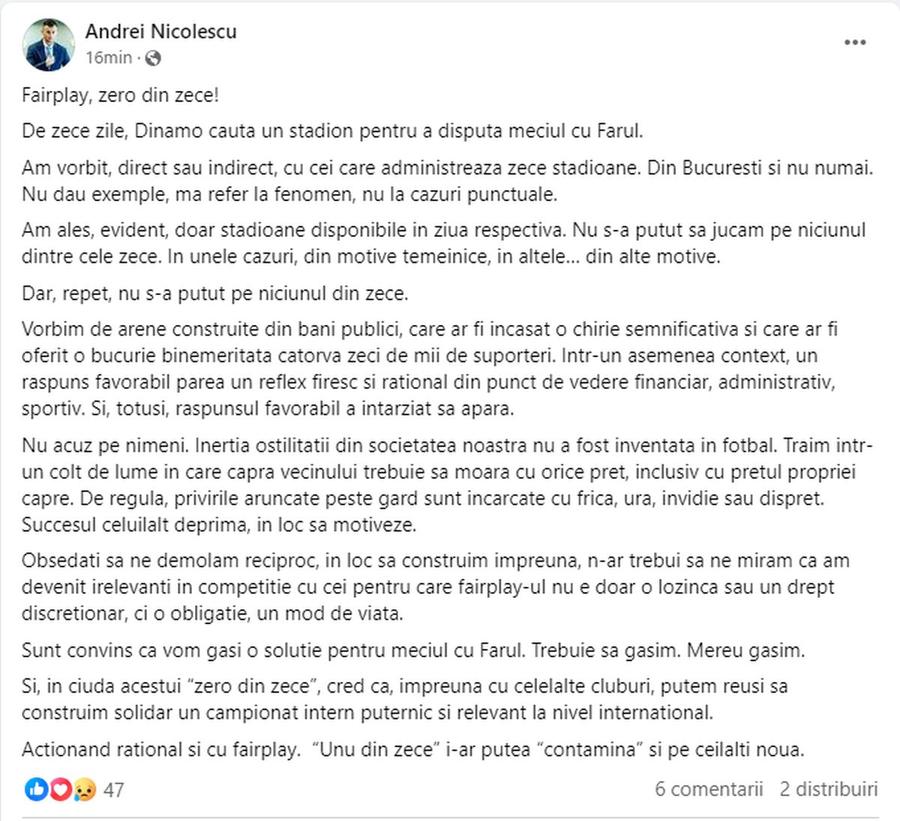 Postarea lui Andrei Nicolescu de pe Facebook ULTIMATUM pentru Dinamo: „Arcul de Triumf” sau 0-3 la „masa verde”!