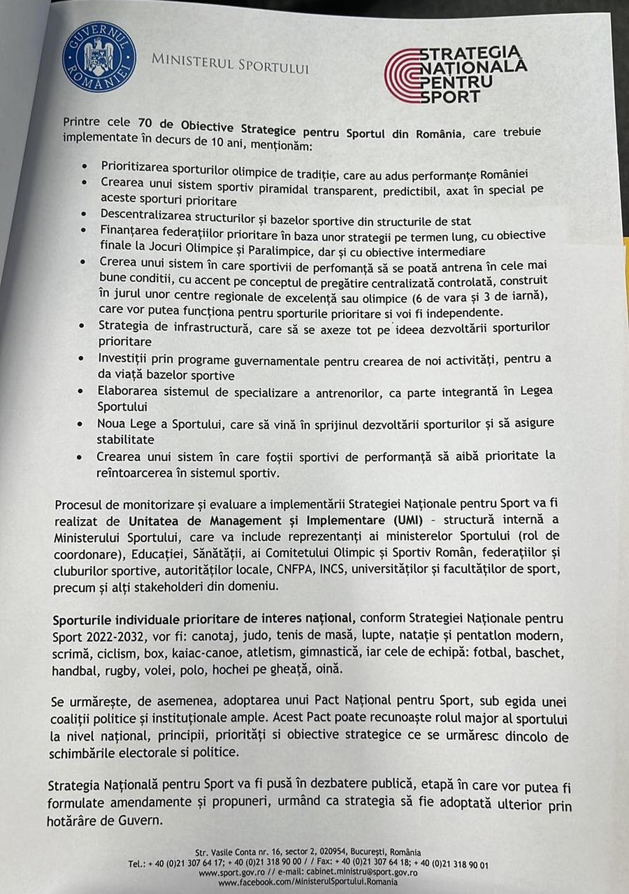 Ministerul Sportului a lansat „Strategia Națională pentru Sport” » Novak: „Dacă în 10 ani avem construite jumătate din bazele sportive propuse, este foarte bine”