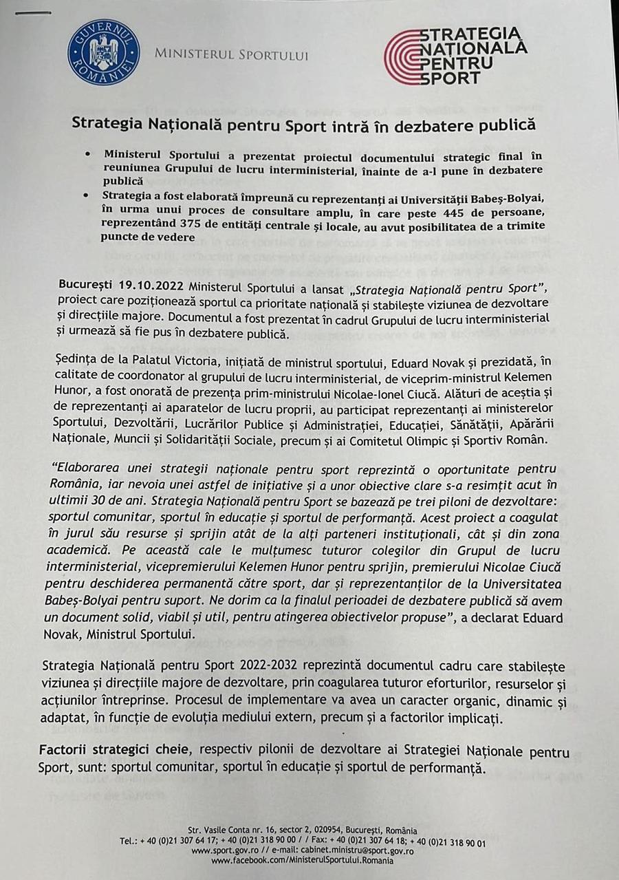 Ministerul Sportului a lansat „Strategia Națională pentru Sport” » Novak: „Dacă în 10 ani avem construite jumătate din bazele sportive propuse, este foarte bine”