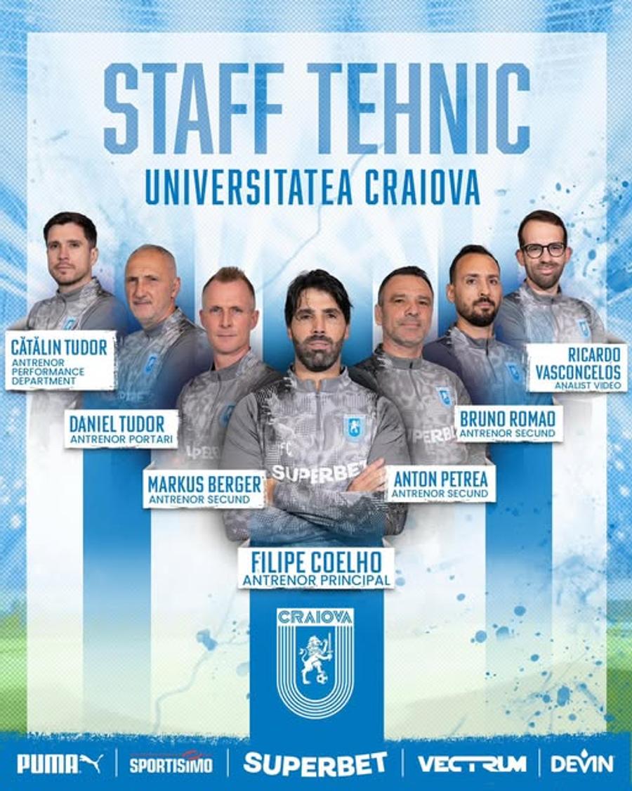 Staff-ul lui Filipe Coleho la Universitatea Craiova / Foto: Facebook Universitatea Craiova și-a prezentat staff-ul complet: Toni Petrea a fost confirmat și 3 secunzi pentru Filipe Coelho