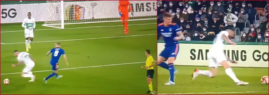 În stânga se vede cât de aproape e arbitrul de fază / În dreapta e momentul în care Morente cade singur Fază uluitoare în meciul lui Real Madrid » Kroos și-a ieșit din minți