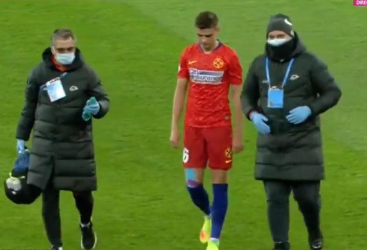 Dragoș Nedelcu, accidentare în FCSB - Chindia / FOTO: Captură TV @Digi Sport 1