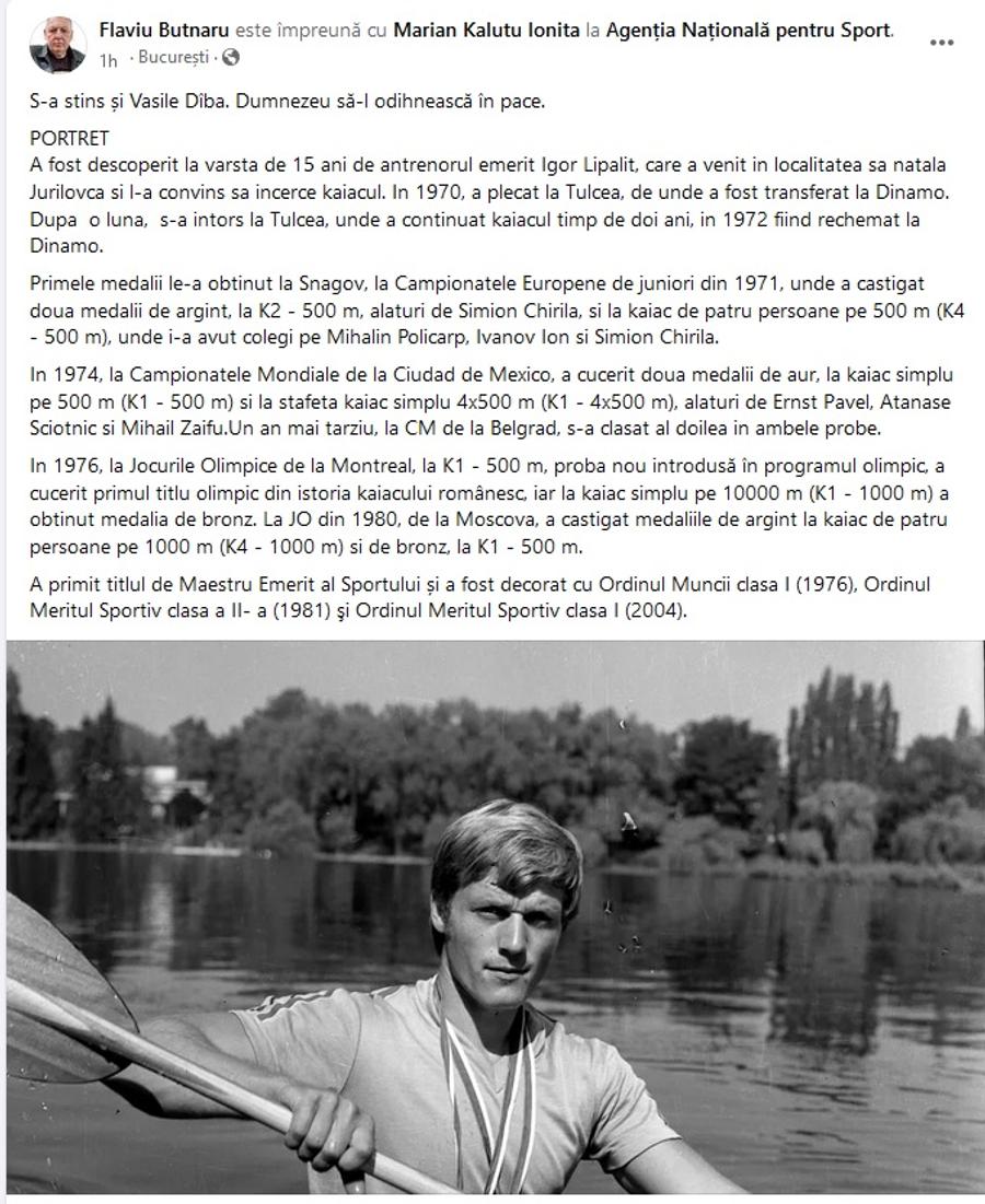 Vasile Dîba, primul român campion olimpic la kaiac, a încetat din viață la 70 de ani