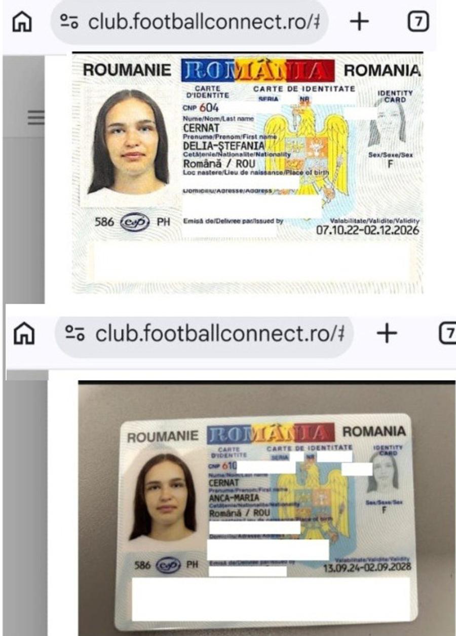 Aceeași fotografie de portret a fost utilizată pentru ambele acte de identitate încărcate în sistemul FRF, deși acestea aparțin unor persoane cu o diferență de vârstă de 6 ani. Sus, buletinul surorii majore (21), jos cel al minorei (15) „Scutul” lui Burleanu, în mijlocul unui scandal de falsuri: aceeași poză, două identități! Scandalul a ajuns la poliție și procuratură: „Hărțuire și amenințări”