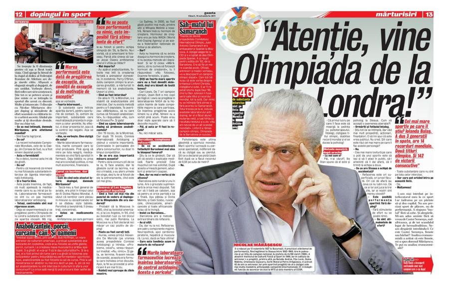 Interviul apărut în 14 octombrie 2011 „Doping, numele răului” + Cazuri celebre de dopaj în sportul mondial: de la Maradona și Armstrong, la Marion Jones, Ben Johnson și Carl Lewis