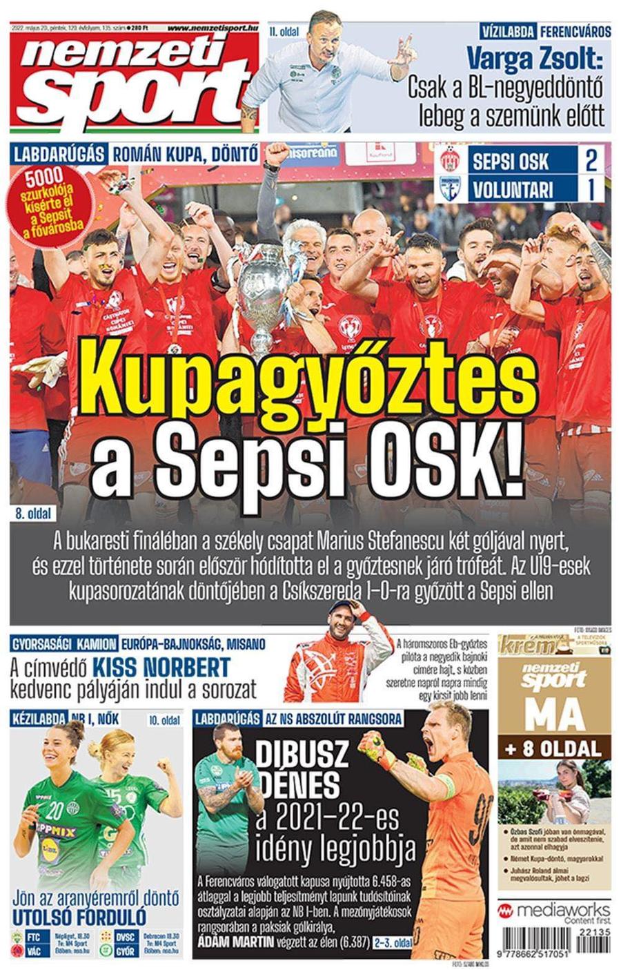 Prima pagină din ediția de astăzi a Nemzeti Sport „Secuii au ocupat Bucureștiul” » Cel mai mare ziar sportiv din Ungaria are triumful lui Sepsi pe prima pagină!