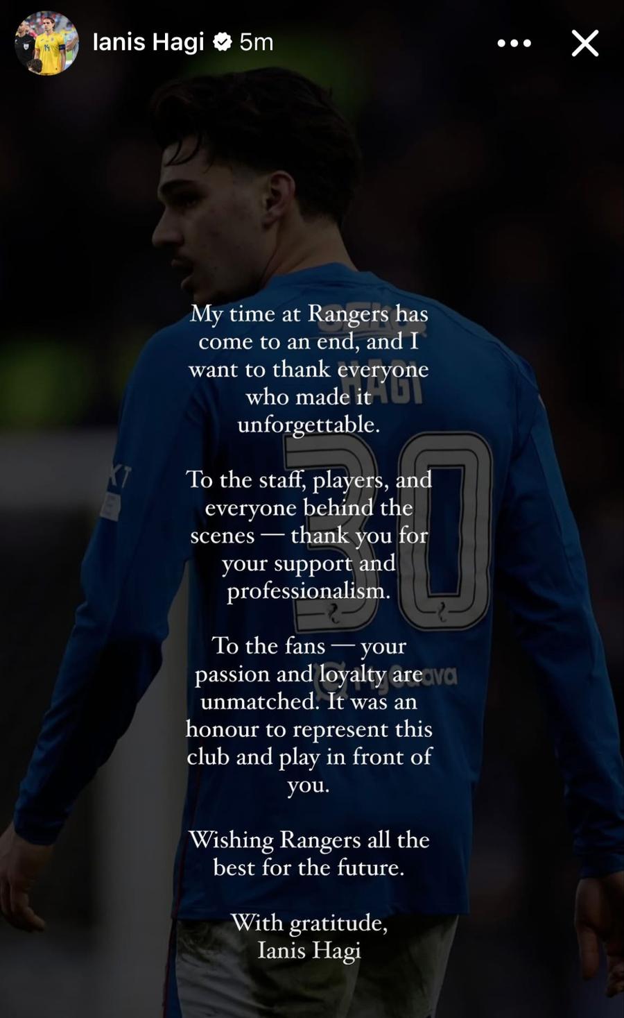 Fotografia postată de Ianis Hagi, după ce Rangers a anunțat că va pleca // foto: Instagram Lăsat să plece de Rangers, Ianis Hagi a reacționat imediat