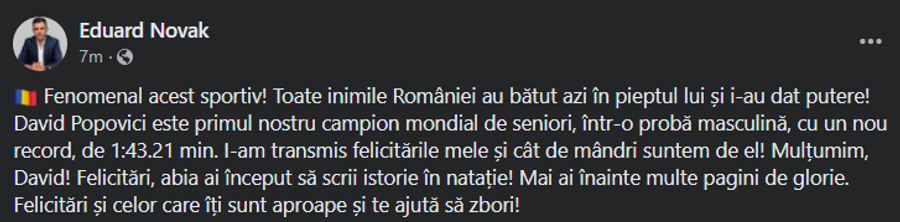 Ministrul Sportului, prima reacție după triumful lui David Popovici: „Fenomenal!”
