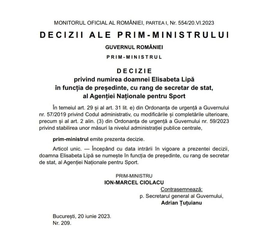 Elisabeta Lipă a fost numită în fruntea Agenției Naționale pentru Sport