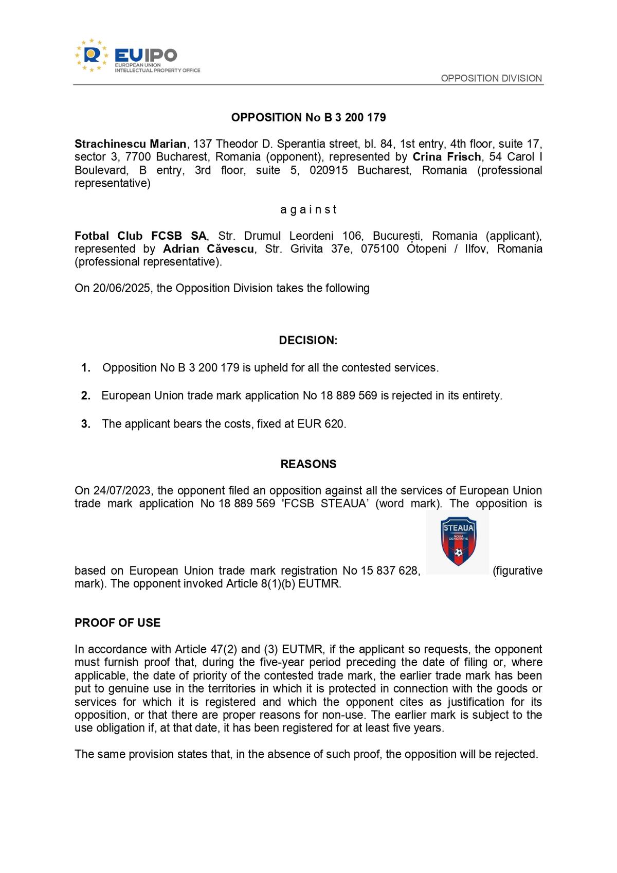 Decizia EUIPO împotriva lui FCSB