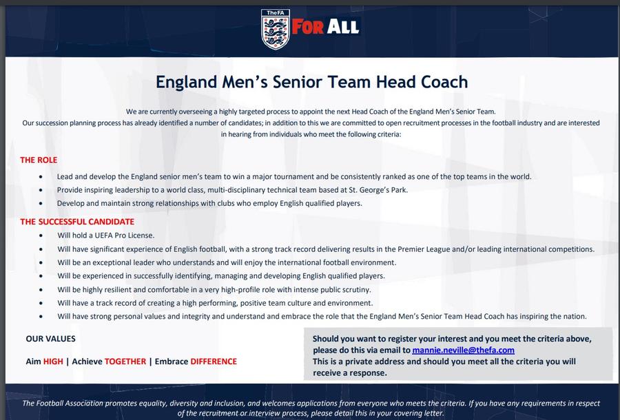 Așa arată anunțul de angajare pentru postul de selecționer al echipei de seniori a Angliei / Foto: FA Federația engleză a pus anunț online de angajare pentru postul de selecționer! Ce li se cere candidaților