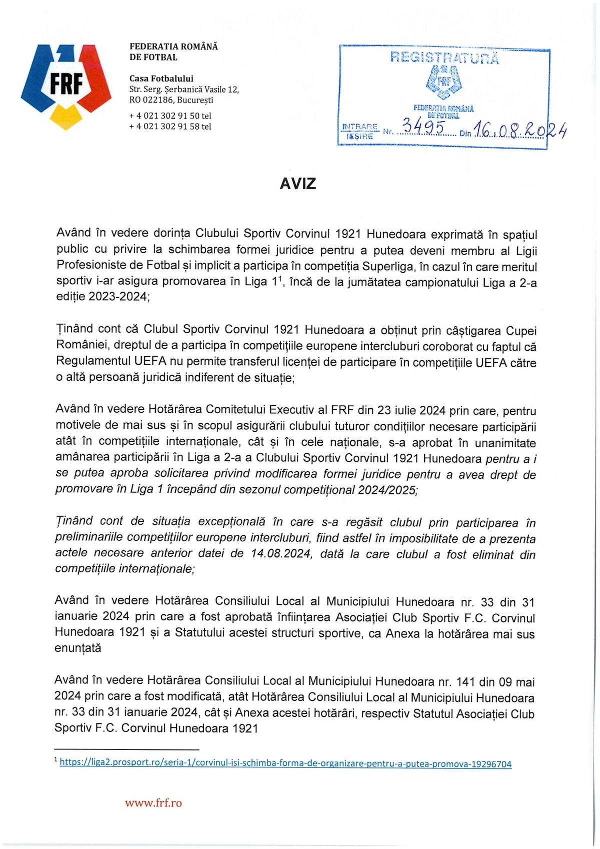 Anunțul momentului în fotbalul românesc! FRF a luat decizia în cazul promovării Corvinului