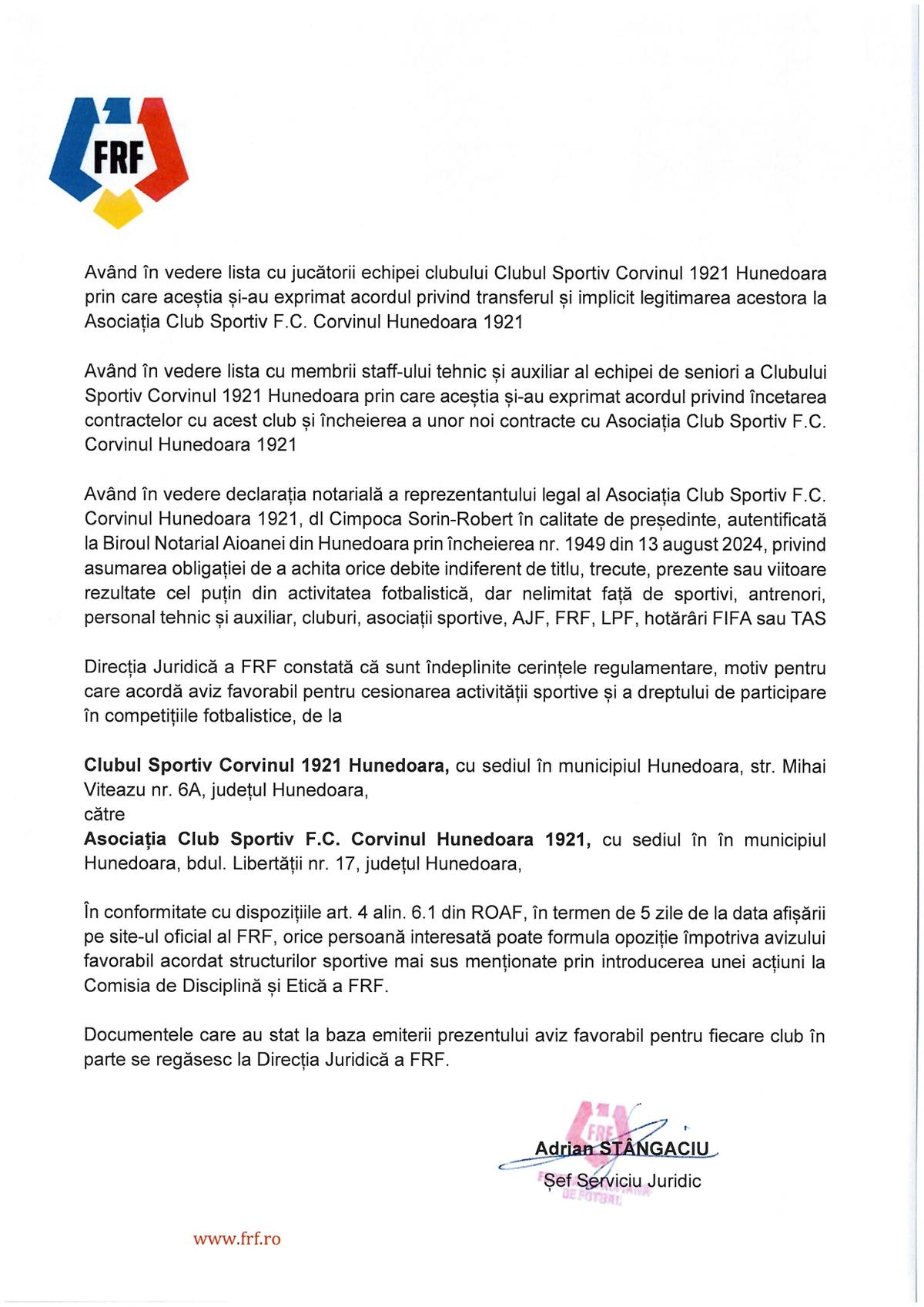 S-a respins cererea hunedorenilor! Corvinul NU are drept de promovare