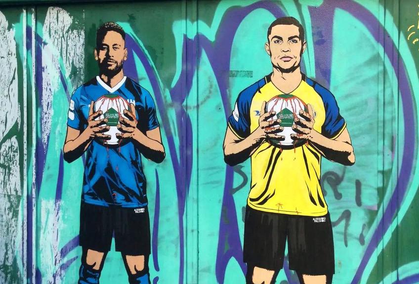 Neymar și Cristiano Ronaldo, pictați în afara San Siro. 
Foto: Instagram @alexsandropolombo