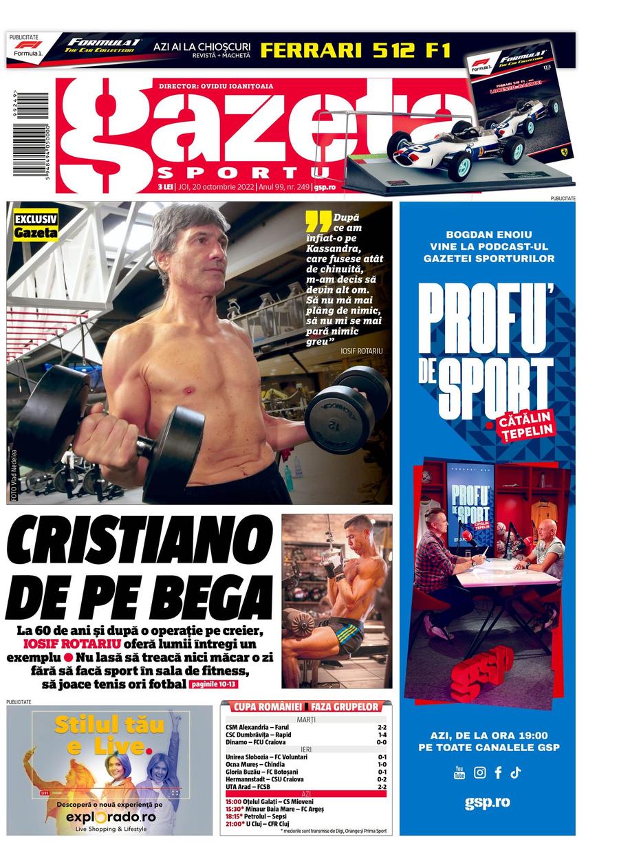Prima pagină a ediției de azi a Gazetei Sporturilor Cristiano de pe Bega » Iosif Rotariu arată incredibil la 60 de ani: „Nu mai concep să treacă o zi fără să fac sport”