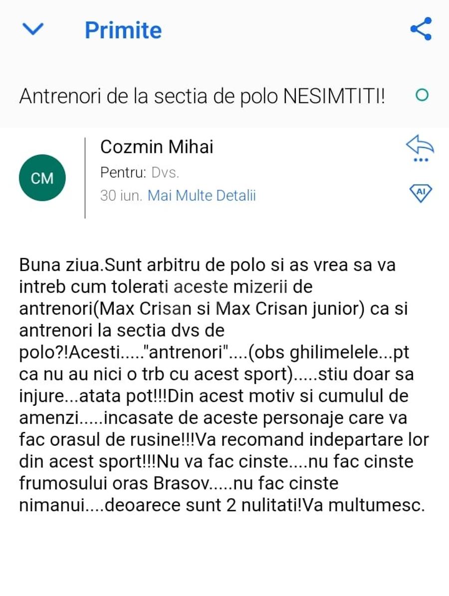 Acesta este mail-ul expediat de Cozmin Mihai pe adresa oficială a clubului Corona Mail-ul șocant trimis de un arbitru către club: „Cum tolerați aceste mizerii de antrenori?” + „Are o mulțime de prieteni pe la Dinamo”