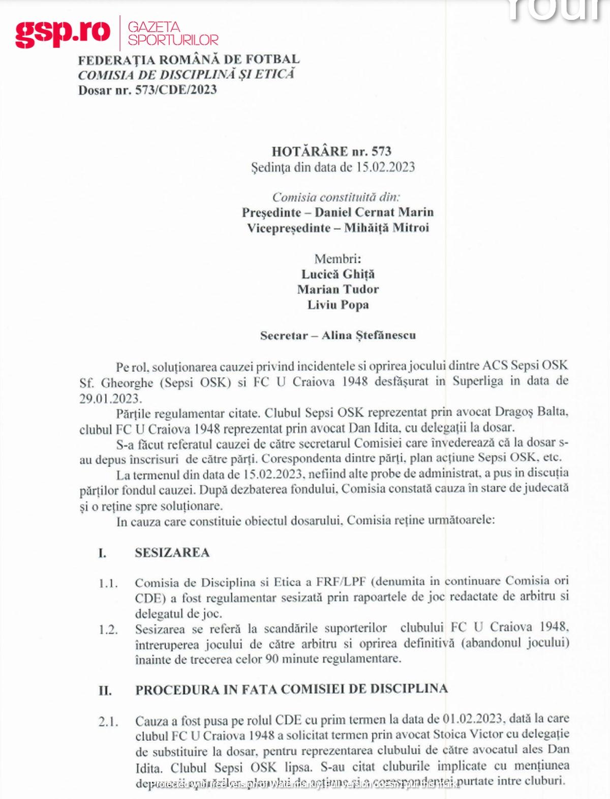 Motivarea de la Comisia de Disciplină pentru FCU Craiova - Sepsi 0-3