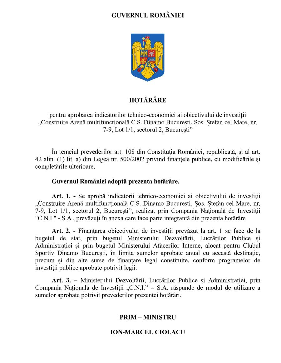 Hotărârea de Guvern de astăzi E gata! Marcel Ciolacu a semnat toate actele » Dinamo va avea un stadion modern