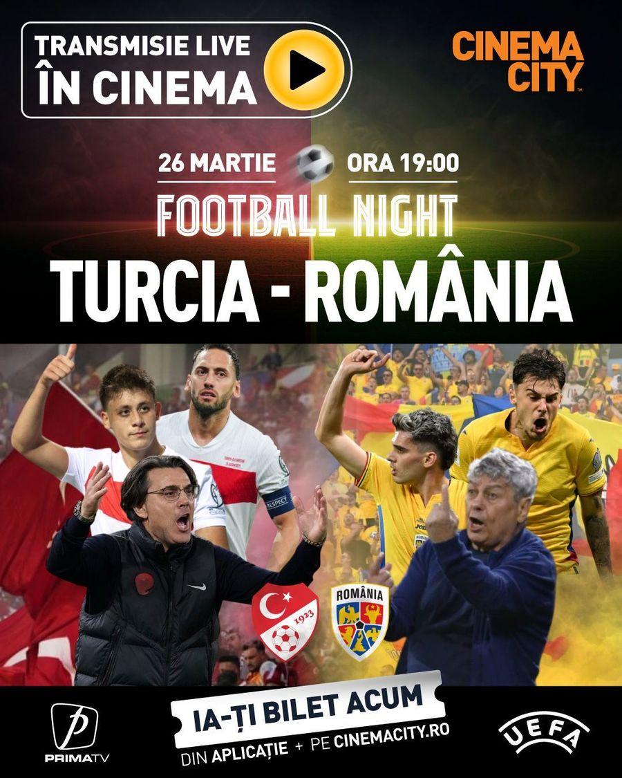Turcia - România, transmis în toate cinematografele Cinema City din țară Orașul din România unde barajul cu Turcia va fi transmis pe un ecran gigant, în centru