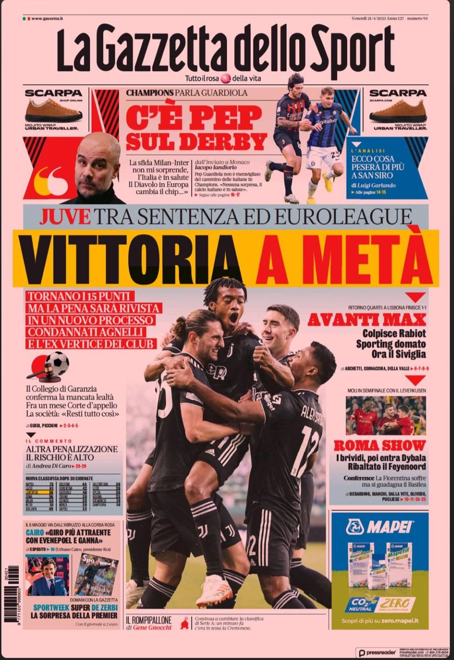 Prima pagină din Gazzetta dello Sport de vineri, 21 aprilie Renașterea Italiei! Cinci semifinaliste din 12 în cupele europene
