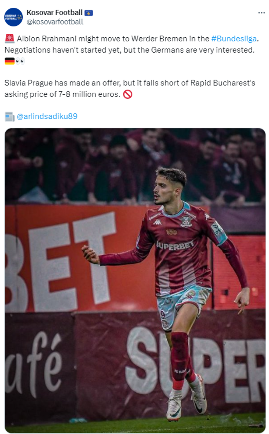 Rrahmani, golgeterul Rapidului, pe lista unui club din Bundesliga » Fostul angajat al Federației din Kosovo a dezvăluit interesul