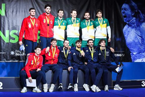 Podiumul din proba masculină pe echipe la sabie cu Ungaria, România și Franța FOTO Imago Images