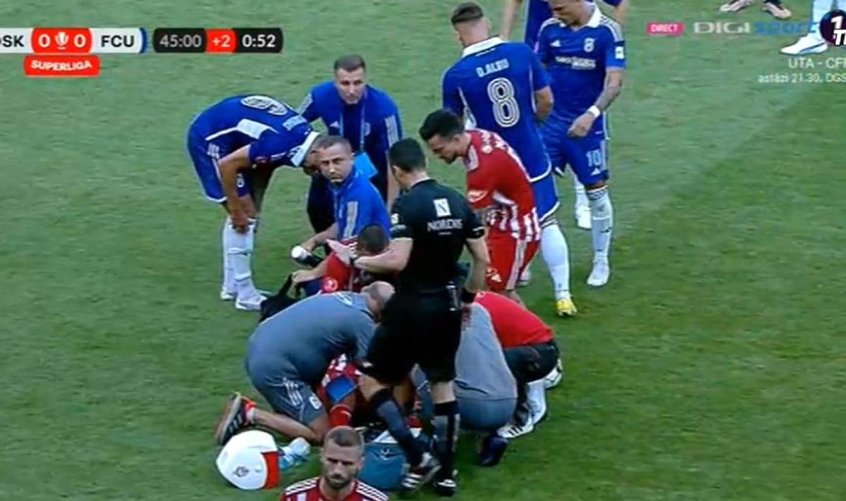 Scene uluitoare la Sepsi - FCU, primul meci al zilei din Superligă! Aproape să leșine de durere, fotbalistul n-a putut fi urcat în ambulanță dintr-un motiv incredibil