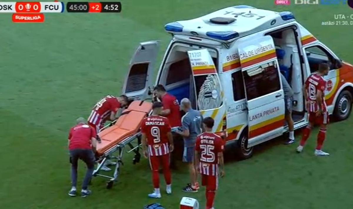 Scene uluitoare la Sepsi - FCU, primul meci al zilei din Superligă! Aproape să leșine de durere, fotbalistul n-a putut fi urcat în ambulanță dintr-un motiv incredibil
