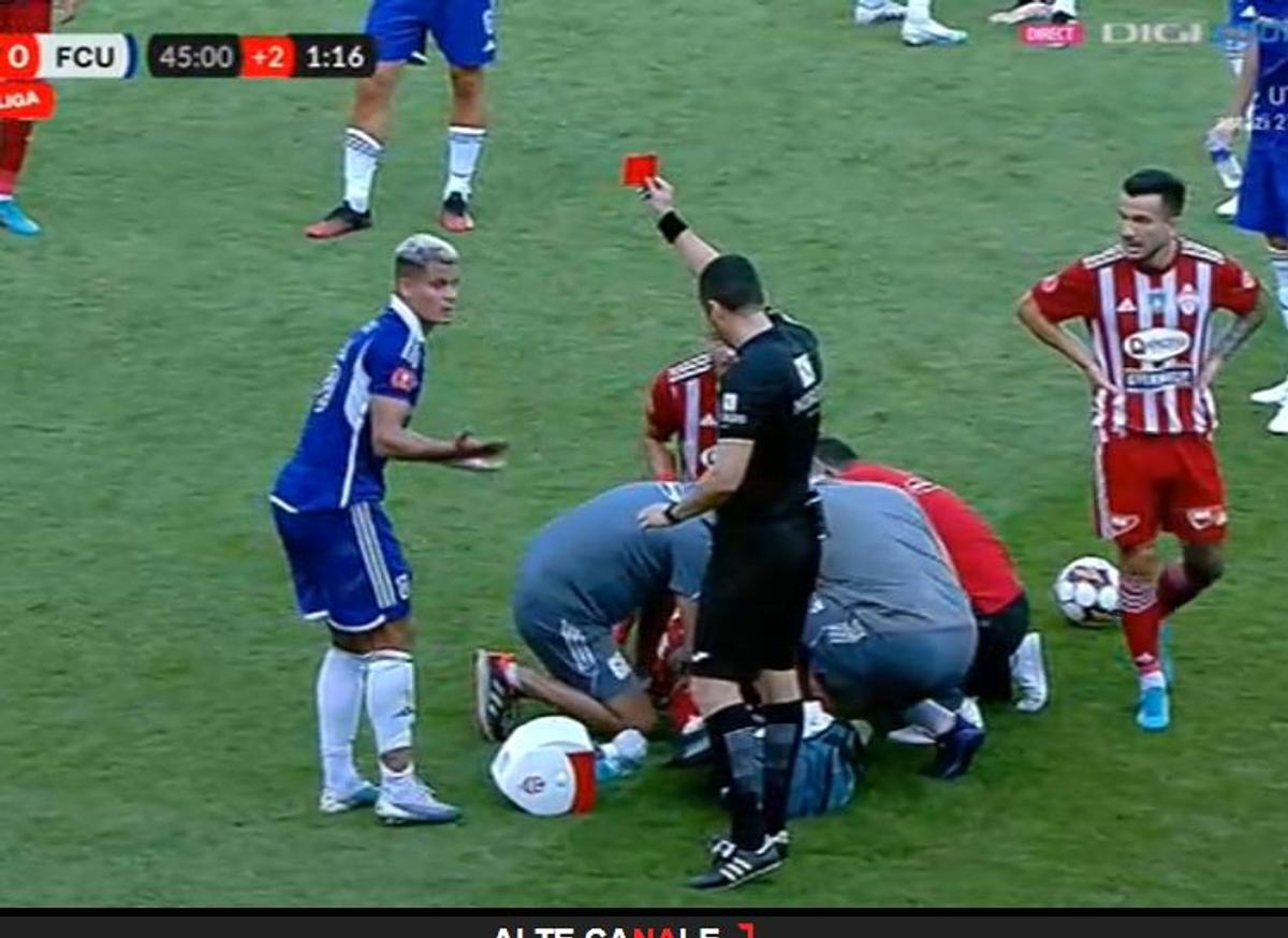 Scene uluitoare la Sepsi - FCU, primul meci al zilei din Superligă! Aproape să leșine de durere, fotbalistul n-a putut fi urcat în ambulanță dintr-un motiv incredibil