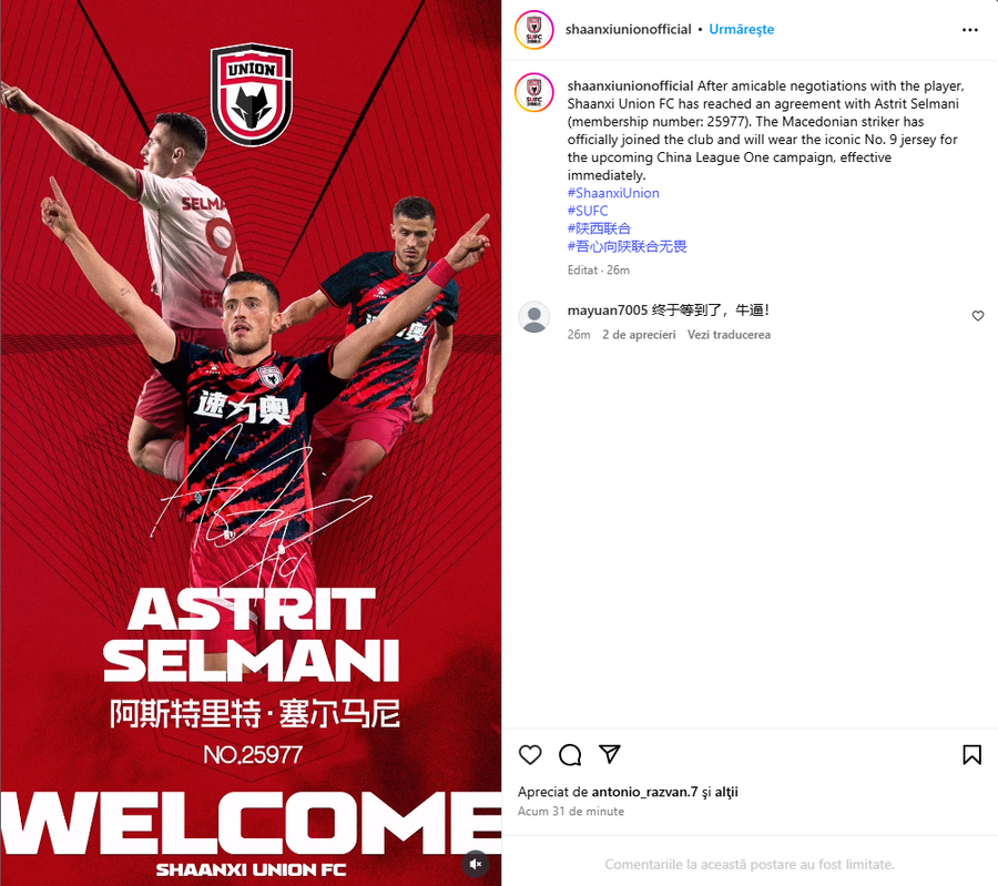 Comunicatul oficial al celor de la Shaanxi Union: „Am ajuns la un acord cu Astrit Selmani” / Foto. Instagram Astrit Selmani, prezentat cu o gafă la o echipă din Liga 2 a Chinei! Kosovarul visa la cupele europene