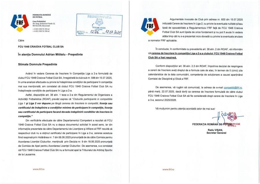Adresa primită de FCU Craiova din partea FRF Adrian Mititelu, reacție-fulger după anunțul FRF: „Am un plan” » Ce se întâmplă cu FCU Craiova