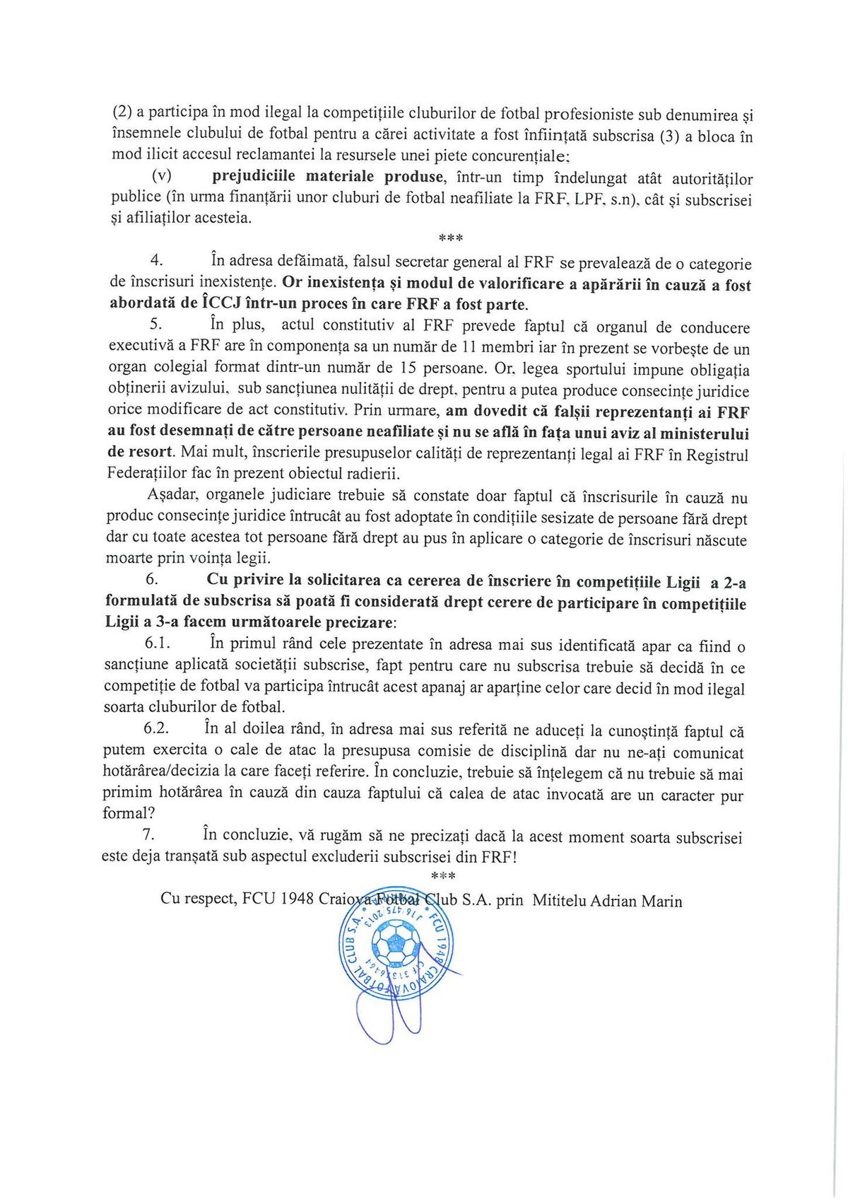 Răspunsul FCU Craiova la adresa trimisă de FRF