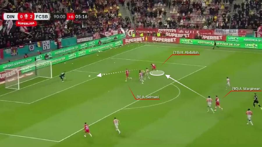 Ocaziile lui Dinamo au fost rarisime și pe final. Abdallah a avut singurul șut pe poartă al „câinilor” după o pasă a lui Mărginean, la care a contribuit și Selmani. Foto: Wyscout De ce a fost scos din priză jocul lui Dinamo cu FCSB » Vali Crețu și Mihai Popescu, soluțiile anti-Opruț, și marele absent de pe teren